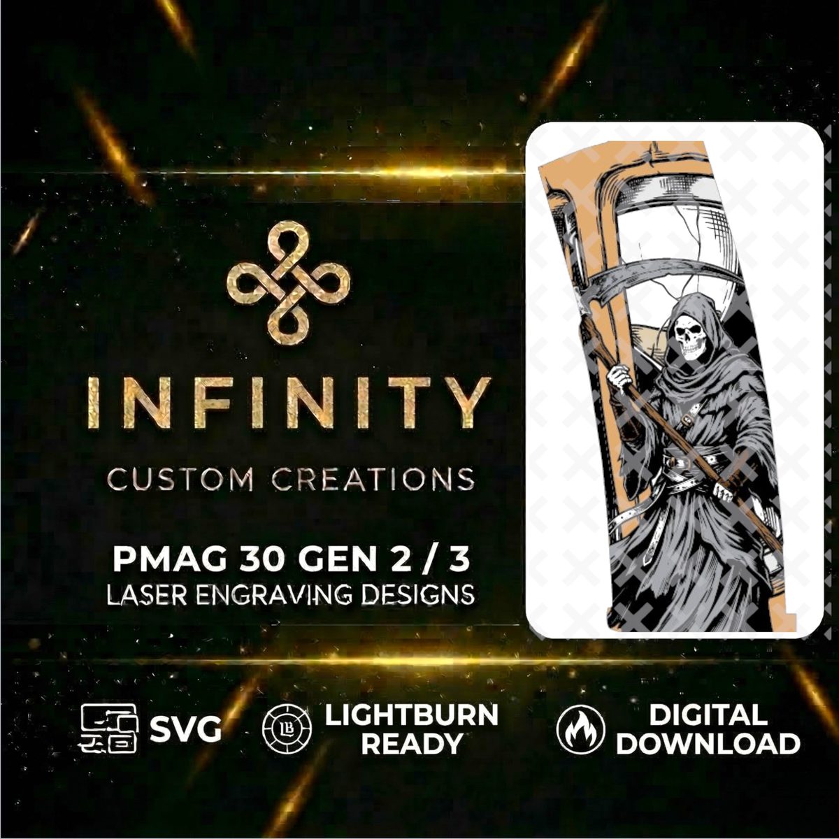 Grim Reaper MAG Fiber Laser Engraving Design | SVG DXF LightBurn File | Digital Download — lasered result