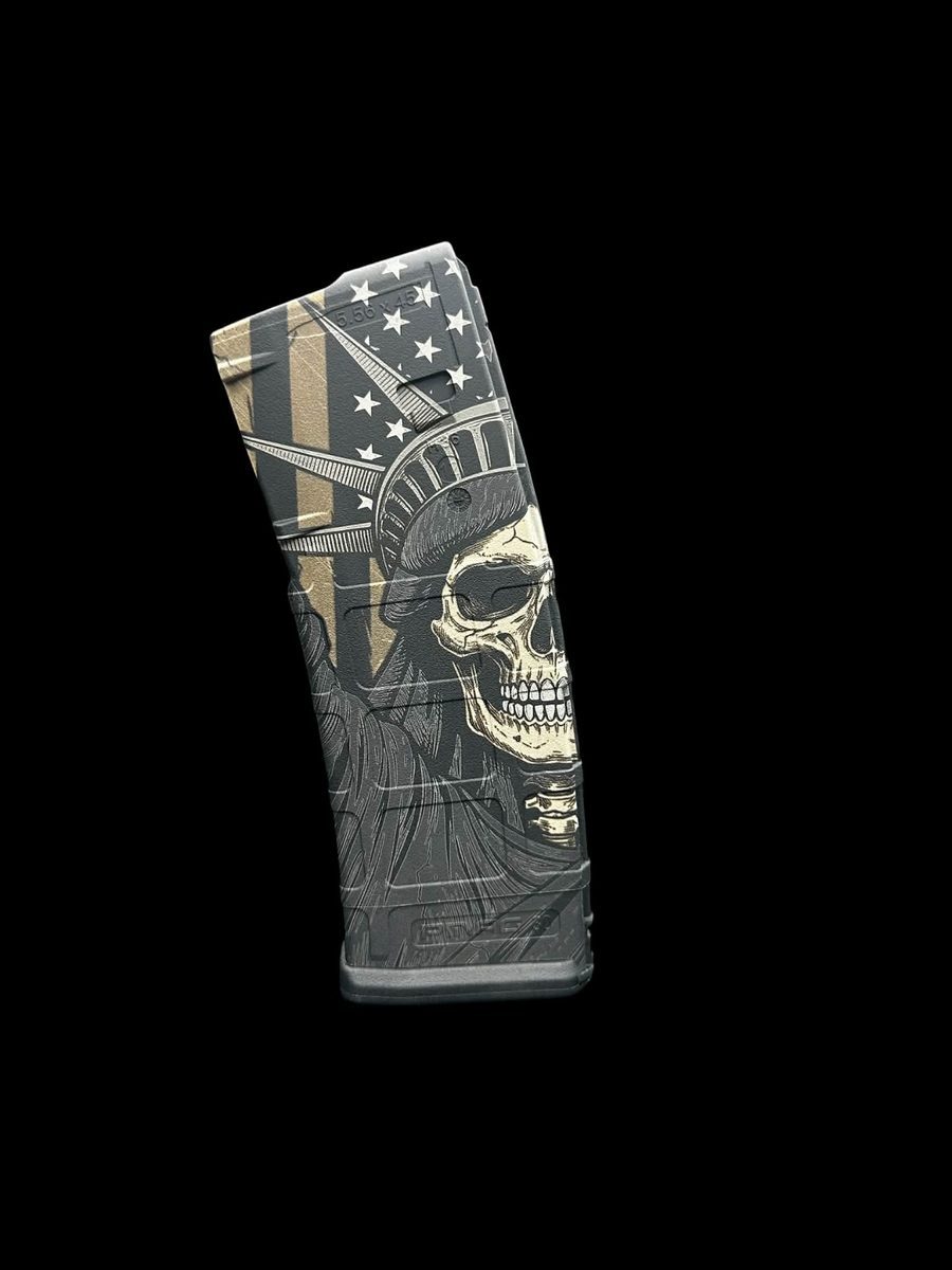 Liberty Skull PMAG Design | Patriotic Engraving File | Statue of Liberty Skull | LightBurn PMAG File | Fiber Laser Digital Download Description: — lasered result
