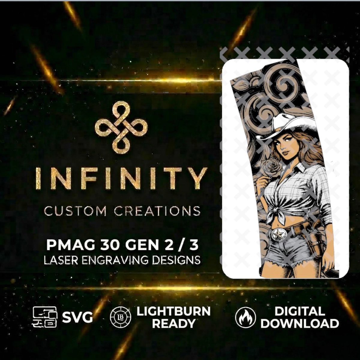 Western Cowgirl PMAG Digital Design | Outlaw Gunslinger Woman Design | Laser Engraving SVG & DXF | LightBurn Ready | Texas Rose Style