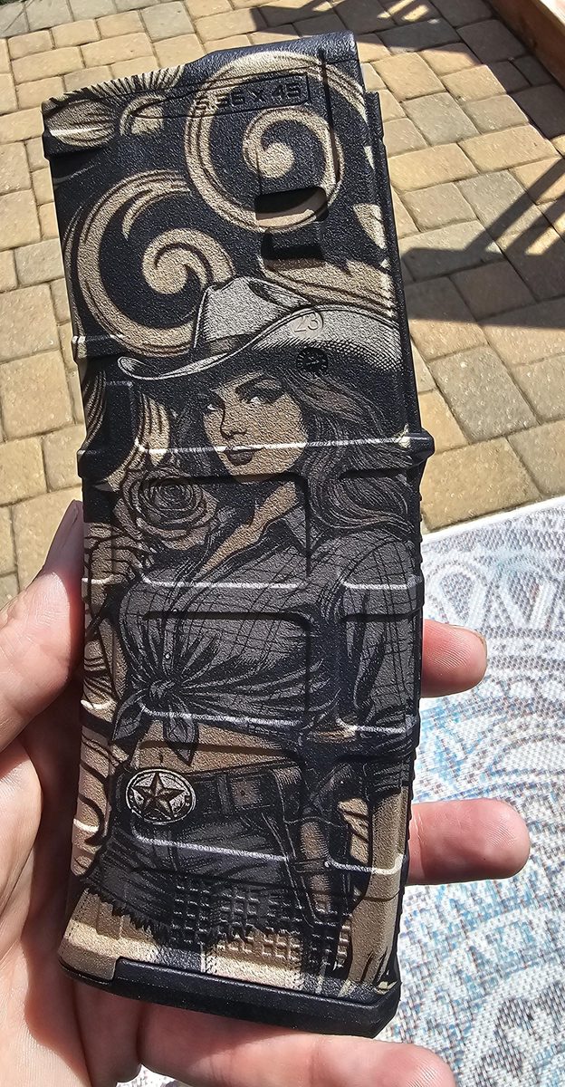 Western Cowgirl PMAG Digital Design | Outlaw Gunslinger Woman Design | Laser Engraving SVG & DXF | LightBurn Ready | Texas Rose Style — lasered result