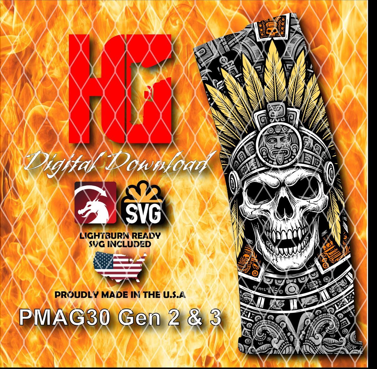 Aztec Skull PMAG Design | Tribal Engraving File | Multi-Layer LightBurn PMAG Design | Fiber Laser Digital Download — lasered result