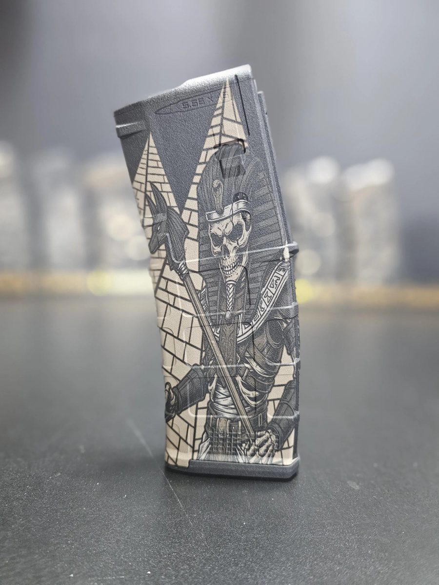 Egyptian Pharaoh PMAG Design | Skeleton Pharaoh SVG DXF |  Gen 2 3  Fiber Laser Engraving File | LightBurn Ready Digital Download — lasered result